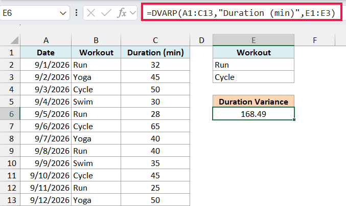 DVARP formula with OR criteria returning 168.49 for Run and Cycle workouts