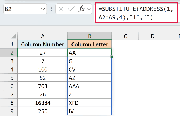 SUBSTITUTE and ADDRESS convert column numbers like 27, 703, and 16384 into AA, AAA, and XFD