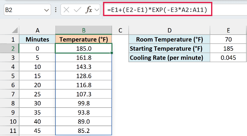 EXP formula spills the coffee temperature, cooling from 185.0 to 85.2 degrees over 45 minutes