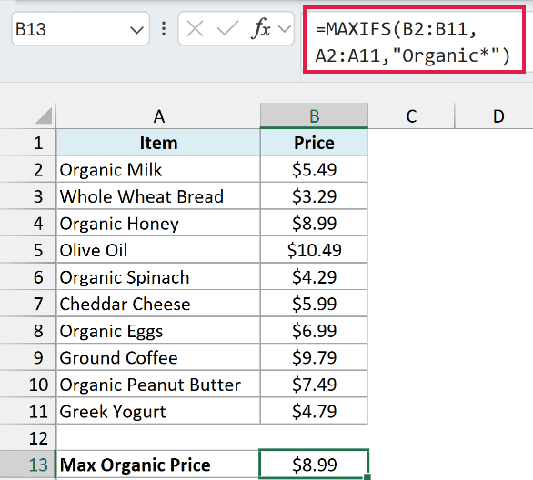 MAXIFS with the Organic* wildcard returns $8.99 as the highest organic item price