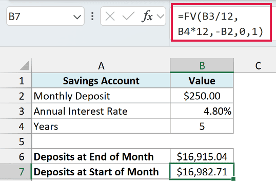 FV formula with type 1 for deposits at the start of each month returns $16,982.71