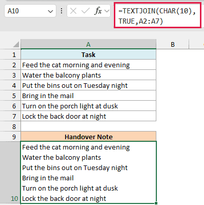 TEXTJOIN tasks on separate lines in A10