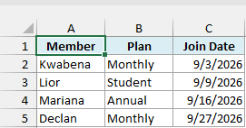 Harborside worksheet lists four gym members with matching Member, Plan, and Join Date headers