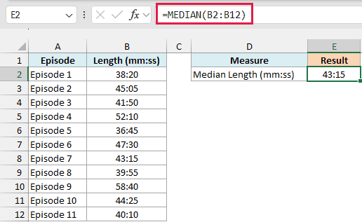 MEDIAN returns 43:15 as the median episode length
