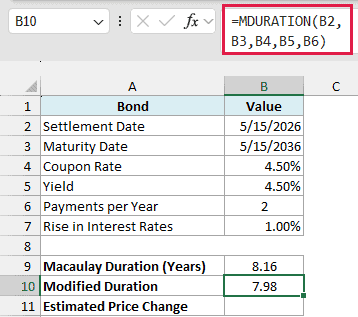 MDURATION formula returns a modified duration of 7.98 for the same bond