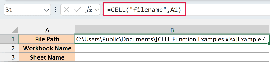 CELL filename returns the full file path, workbook name and sheet name