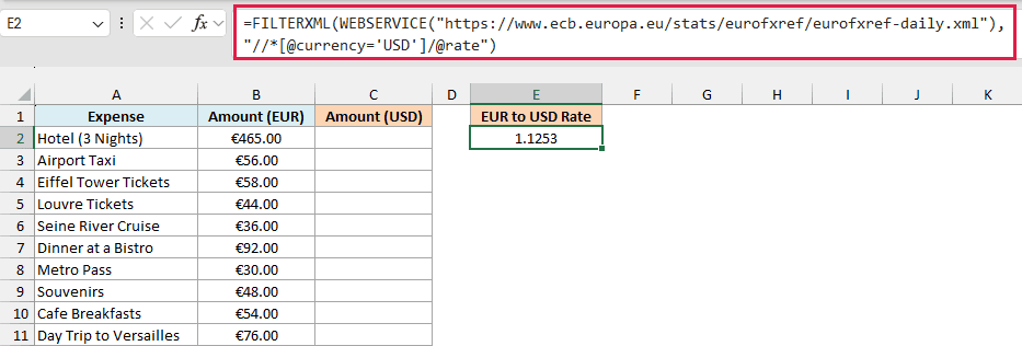 FILTERXML reads the euro to US dollar rate from the European Central Bank XML that WEBSERVICE returns