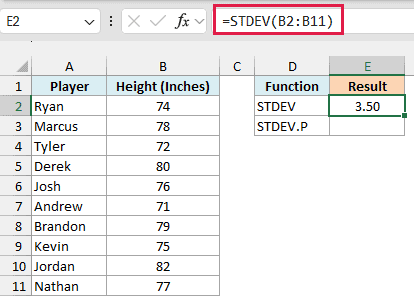 STDEV formula returns 3.50 inches for the team heights