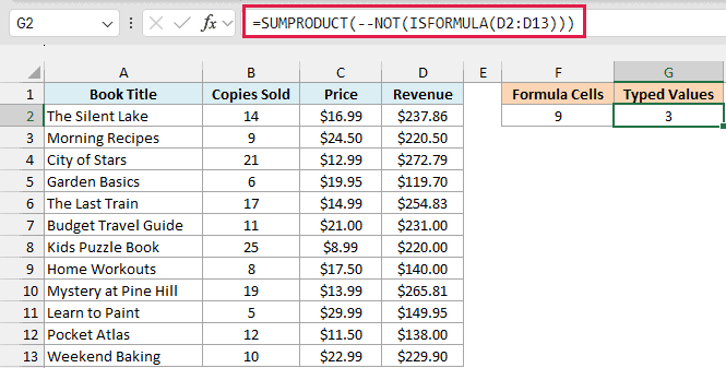 SUMPRODUCT, NOT, and ISFORMULA formula counting 3 typed revenue values