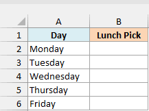 Monday through Friday appear in column A beside an empty Lunch Pick column
