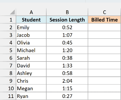 Tutoring sessions with session lengths beside an empty Billed Time column