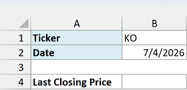 Coca-Cola ticker KO and the date 7/4/2026, with an empty Last Closing Price cell
