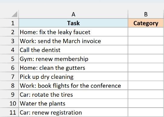 To-do list with category prefixes and a few tasks without one, next to an empty Category column