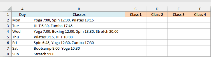 Weekly gym timetable listing each day's classes and start times, beside empty Class 1 to Class 4 columns