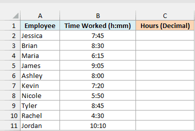 Timesheet with time worked in hours and minutes beside an empty Hours (Decimal) column