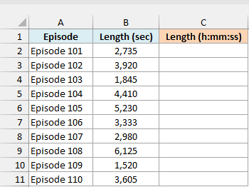 Podcast episodes with each length in seconds beside an empty Length (h:mm:ss) column