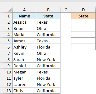 Webinar registration list with each attendee's state, and an empty State result column