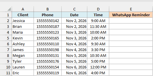 Salon clients with phone numbers, appointment dates, and times next to an empty WhatsApp Reminder column