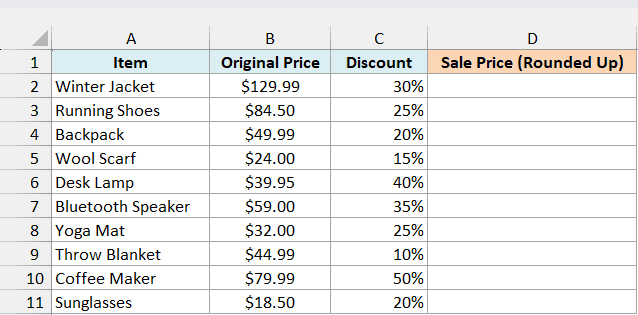Excel table with columns for Item, Original Price, Discount percentage, and an empty Sale Price column for rounding up