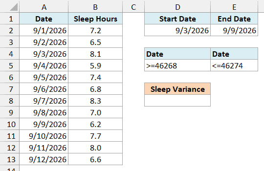 Sleep log with start and end dates in D2:E2, the date criteria in D4:E5, and an empty Sleep Variance cell