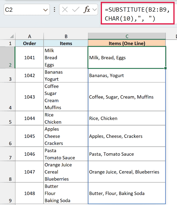 SUBSTITUTE and CHAR(10) formula replacing the line breaks in each order with commas