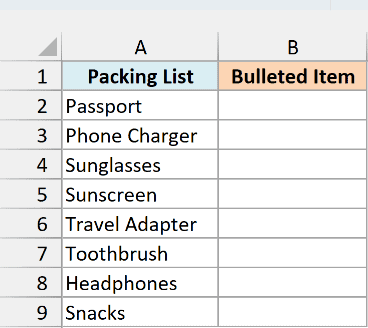 Packing list in column A with an empty Bulleted Item column