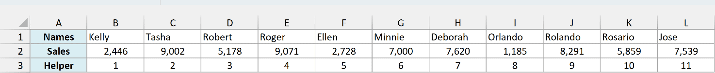 Helper row in row 3 with the numbers 1 to 11