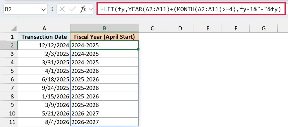 LET formula in B2 spills April-start fiscal year ranges in the 2024-2025 format down column B