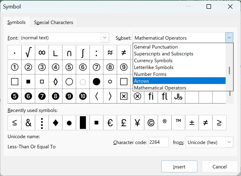 Symbol dialog box with Arrows selected in the Subset drop-down