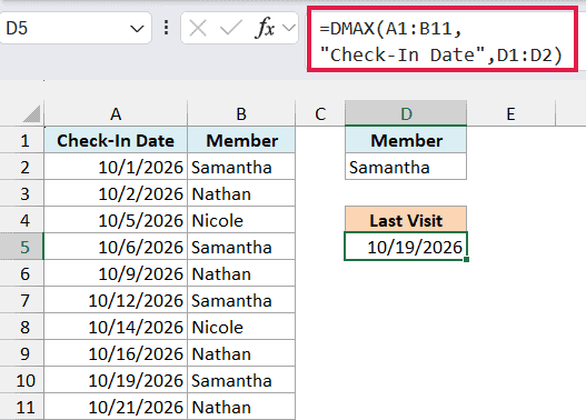 Excel formula bar showing DMAX function to find the latest gym check-in date for member Samantha from a data table