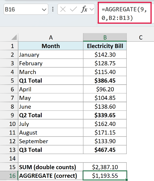 AGGREGATE formula with option 0 skipping the quarter SUBTOTAL rows to give the correct total