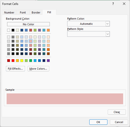 Format Cells dialog Fill tab with a light red fill selected
