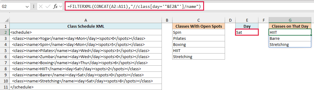 The xpath built from E2 returns the three classes held on Sat