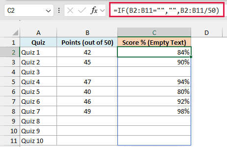 IF formula returning empty text for the missing quizzes and the score percentage for the rest
