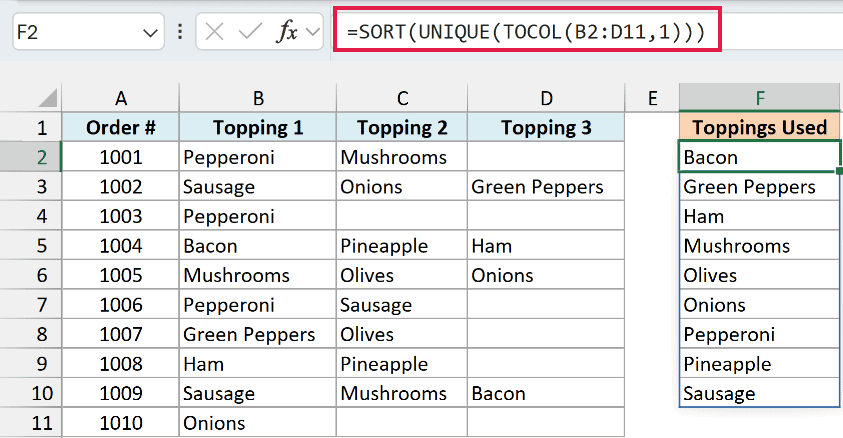SORT, UNIQUE, and TOCOL return a sorted list of nine toppings from three columns