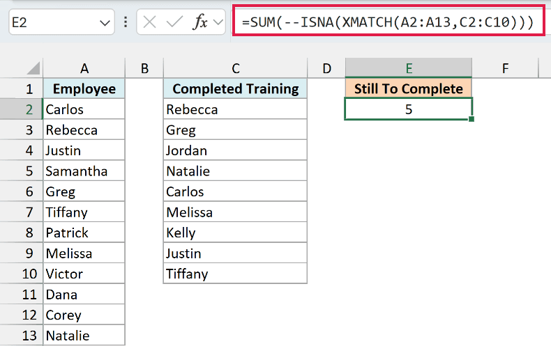 SUM, ISNA and XMATCH formula returning 5 employees who still need the training
