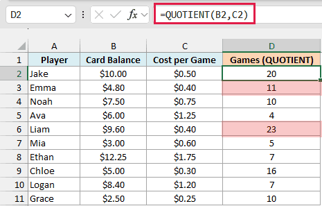 QUOTIENT returns 11 games for $4.80 at $0.40 and 23 for $9.60, one short because of decimal storage