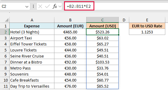 Each euro amount multiplied by the rate in E2 spills the dollar amounts down column C