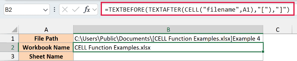 TEXTBEFORE and TEXTAFTER pull just the workbook name out of the CELL filename result