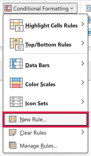 New Rule option in the Conditional Formatting menu on the Home tab