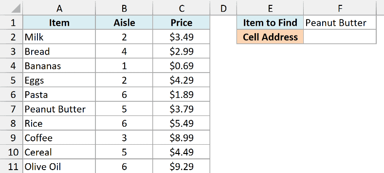 Grocery list with item, aisle, and price, and Peanut Butter typed as the item to find