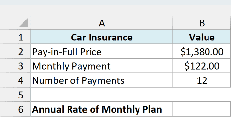 Car insurance at $1,380 paid in full or $122 a month for 12 payments, beside an empty Annual Rate of Monthly Plan cell