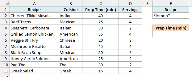 Recipe list with the wildcard criteria *lemon* under the Recipe header