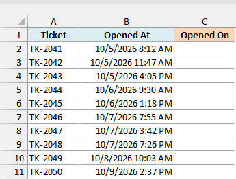 Support tickets with the date and time each was opened beside an empty Opened On column