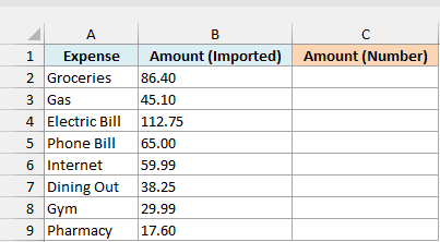 Monthly expenses with imported amounts aligned left as text, beside an empty Amount (Number) column