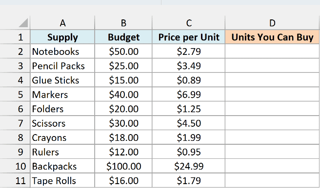 School supply list with a budget and price per unit beside an empty Units You Can Buy column