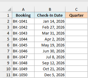 Hotel bookings with check-in dates beside an empty Quarter column
