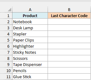 Office supply names that look clean but some hide a character at the end, beside an empty Last Character Code column