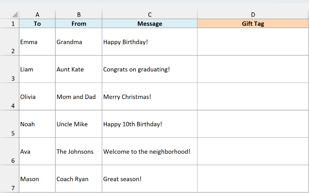 Gift list showing who each gift is for, who it is from, and a message, with a blank Gift Tag column.