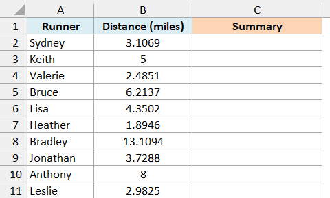 Running log with each runner's distance in miles and an empty Summary column